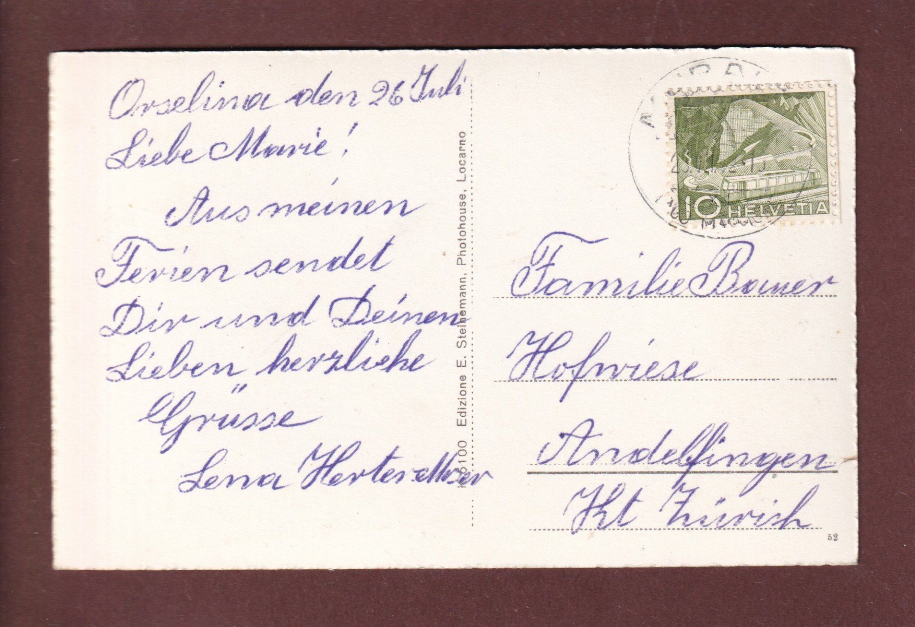 Cartoline postali: LOCARNO - Minusio - Brione - 1952 – Usato da Pully venduto da nicecards 1