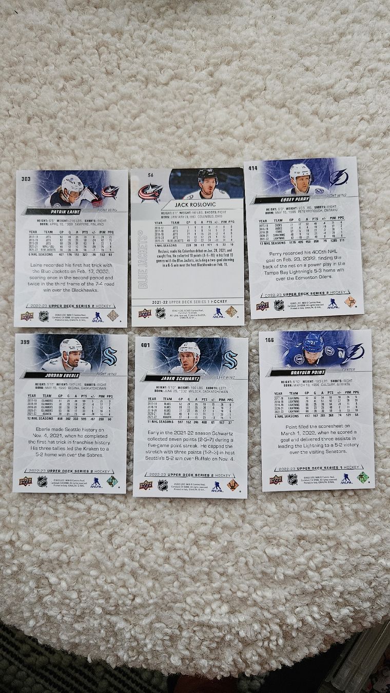 NHL Carte collezionabili: 6 cards- POINT,PERRY,ROSLOVIC,LAINE,EBERLE,SCHWARTZ – Usato da Boltigen venduto da Calagero 1