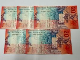 Schweizer Banknote 20 SFr. 5 Stk. ungefaltet
