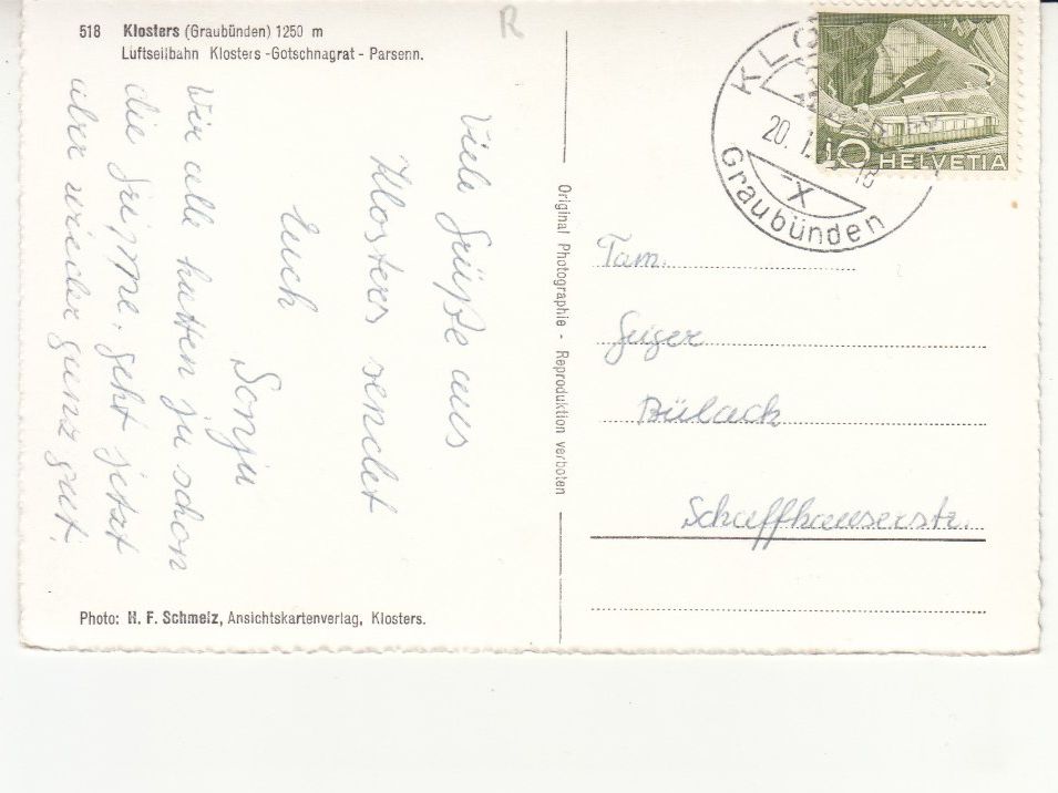 Cartoline postali: Klosters 1958 – Usato da Bürglen TG venduto da StampGraf 1