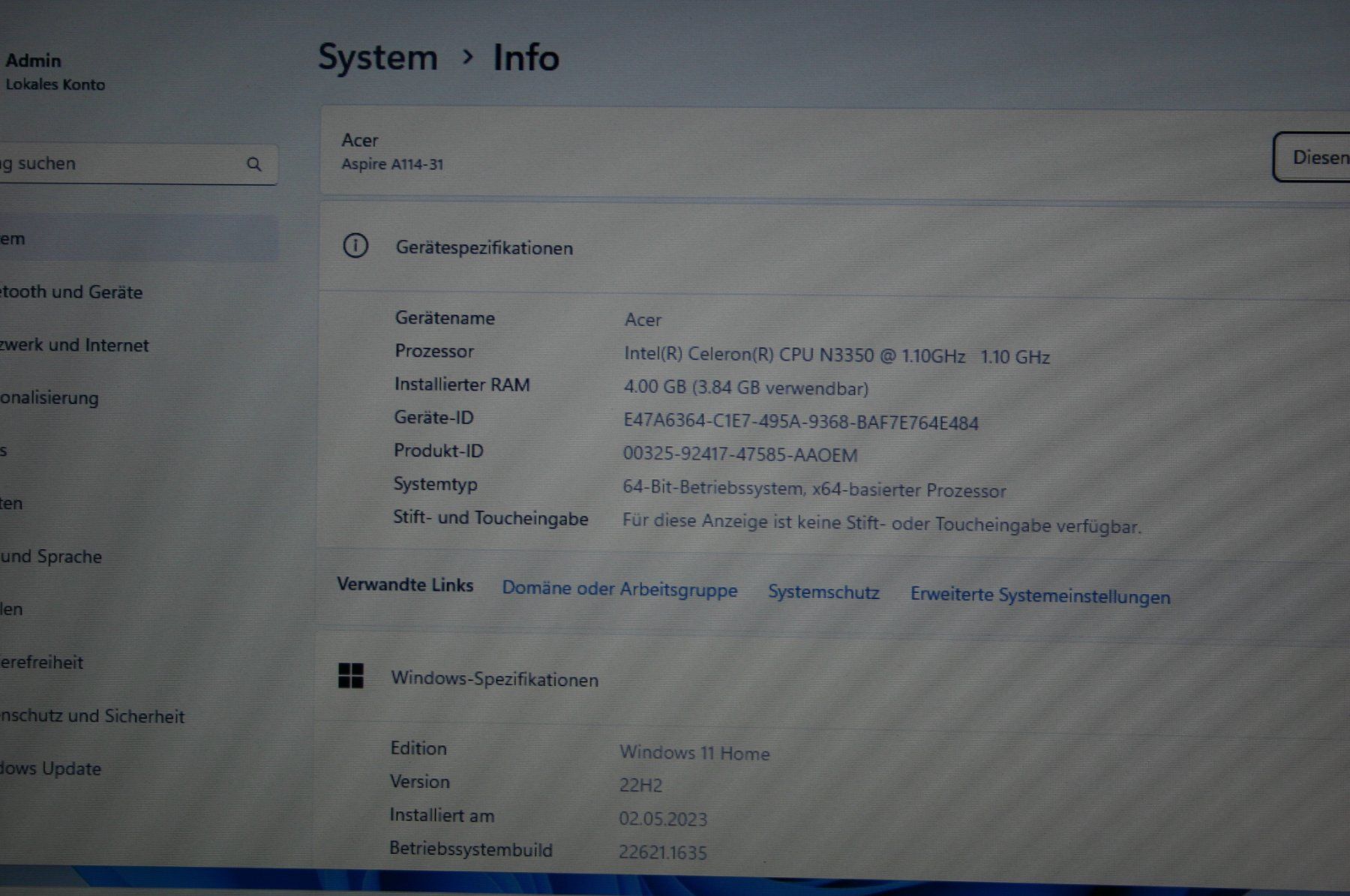 Acer Notebook: Acer Aspire A114-31 mit Windows 11 – Usato da Stettlen venduto da Bigjm 5