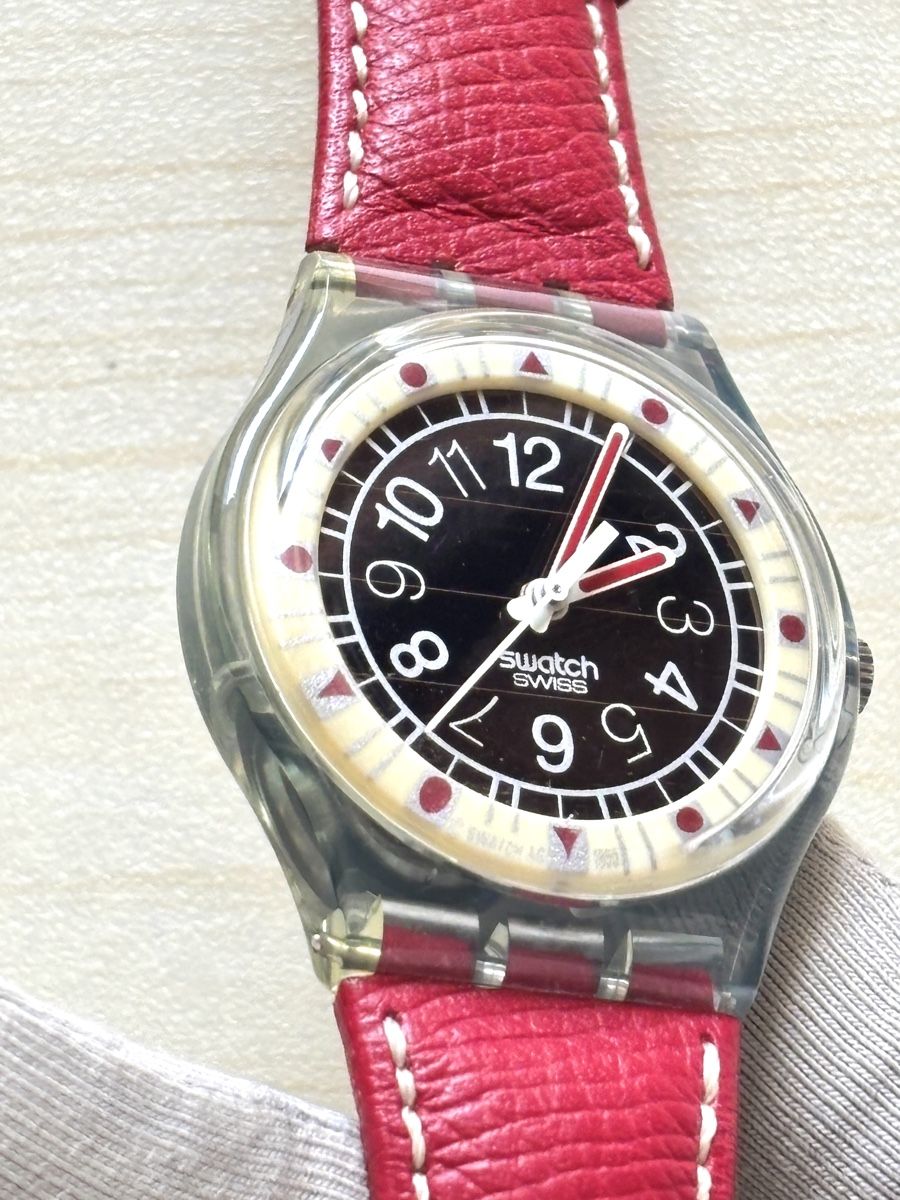 Swatch Orologi: Swatch Solar Uhr Rot Lederarmband  – Usato da Grenchen venduto da chththl 2
