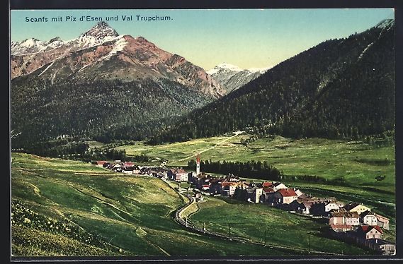 Cartoline postali: Scanfs, Totalansicht mit Piz d'Esen und  – Usato da Berlin venduto da bartko-reher