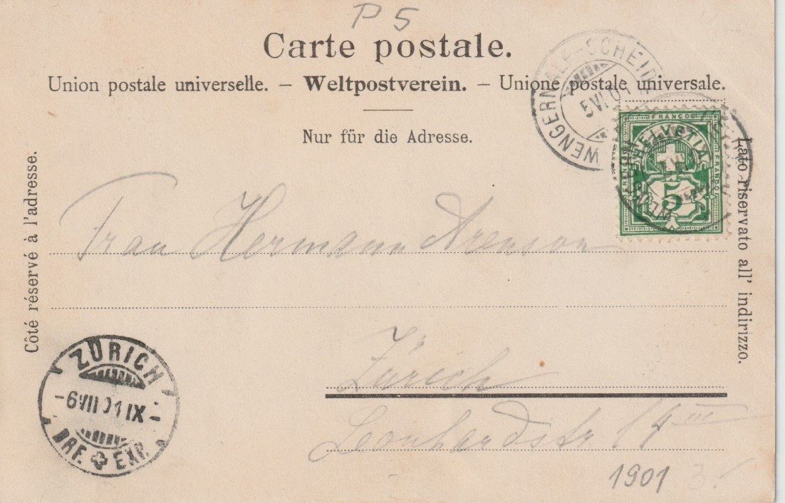 Cartoline postali: P 5 Wengernalp,  Eiger und Mönch, 1901 – Usato da Freienbach venduto da Bhaltis 1