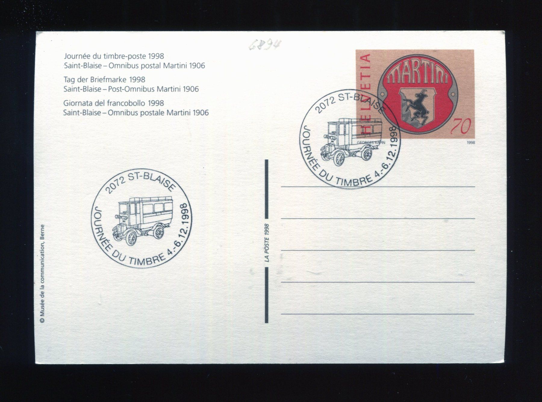 Cartoline postali: Saint-Blaise -  Post-Omnibus Martini. Tag der Briefmarke1998 – Usato da Aarau venduto da Elmaar41 1