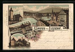 Litho Luzern, Panorama mit Brücke, Tür