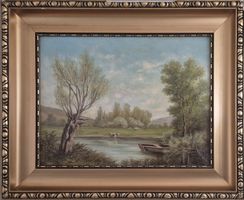 Tableau ancien signé "paysage champêtre" rivière vaches
