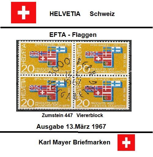 Tutti i francobolli: EFTA - Flaggen 20 C  Viererblock      Ausgabe Schweiz – Usato da Castiel venduto da MonaLisa57