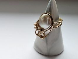 Vintage Goldring aus 925 Silber mit grosser Perle, Gr. ca. 5