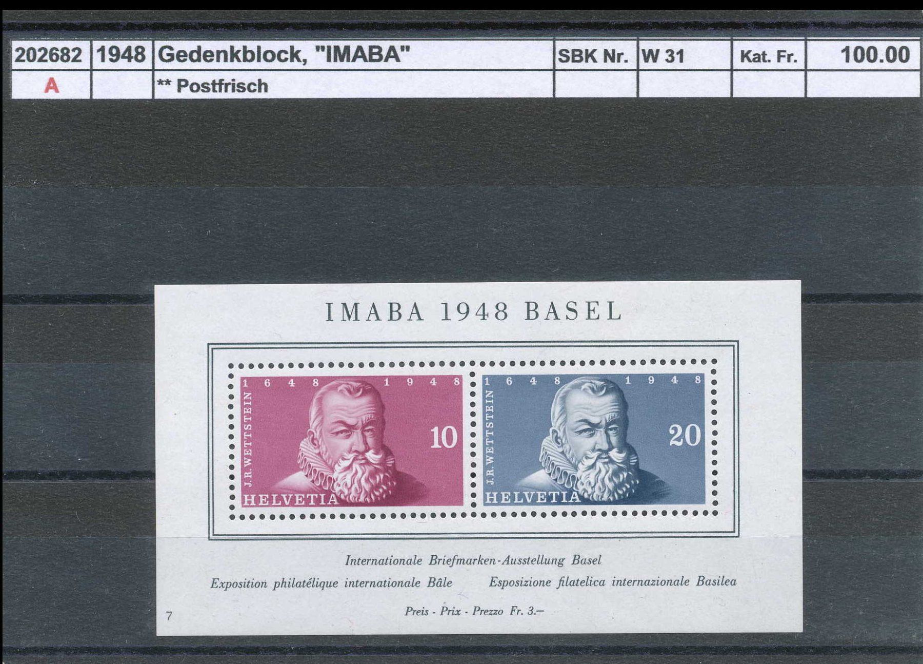 Tous les timbres: 1948 Gedenkblock "IMABA" - Basel, ** postfrisch – Neuf (Voir description) à Winterthur par Zupogeru