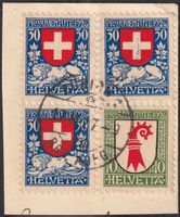1926, J40+J38 (4 Marken auf Briefstück) von ZÜRICH, 60.-+