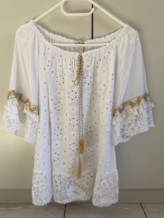 Tunika Bluse New Collection / Weiss-Gold / Grösse ca. 36-40