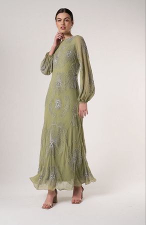 Edles Abendkleid in Olivgrün, Gr. 46, mit Perlen bestickt, n