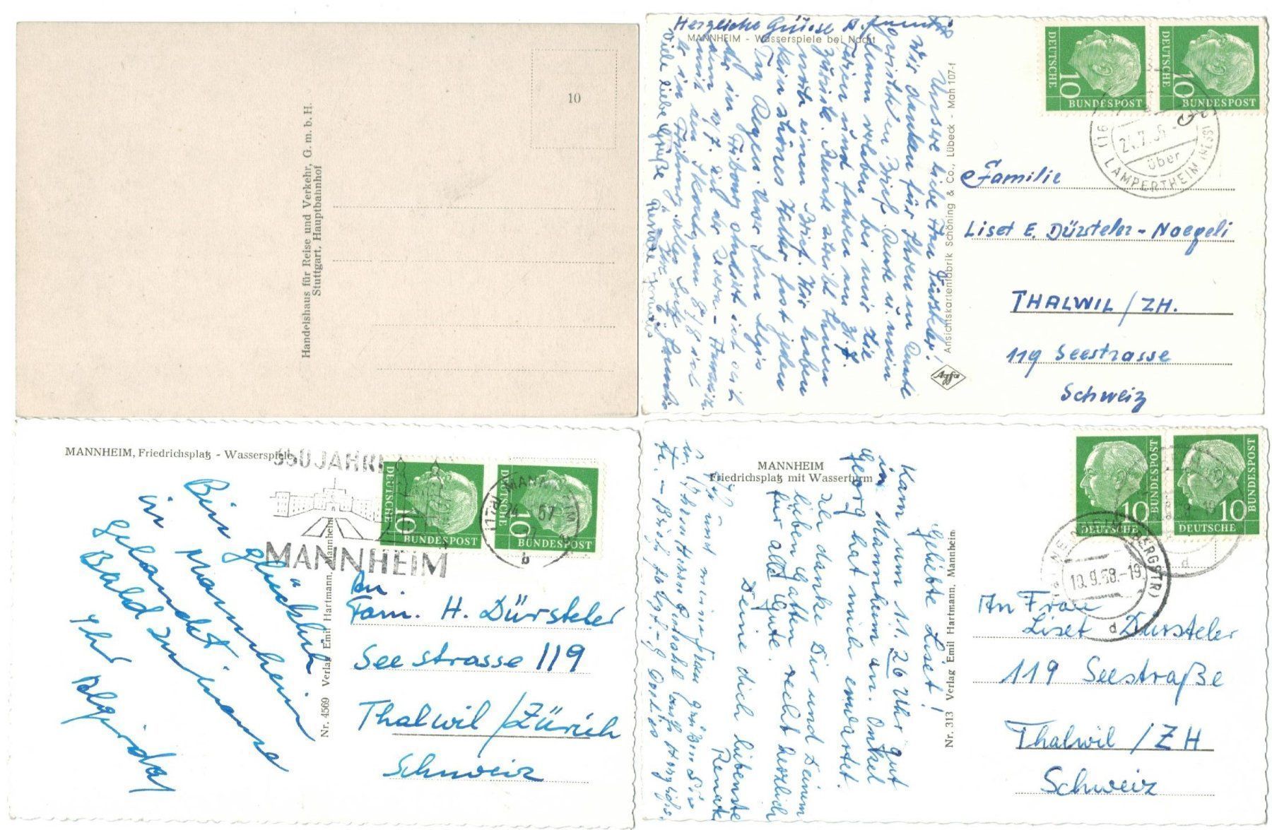 Ansichtskarten: 4 AK Mannheim Wasserturm Friedrichsplatz – Gebraucht aus Zürich von Tolima194 1