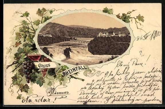 Cartoline postali: Litho Schaffhausen, Rheinfall mit Brück – Usato da Berlin venduto da bartko-reher