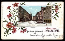 Lithographie St. Gallen, Partie in der Marktgasse, Blumen-Pa
