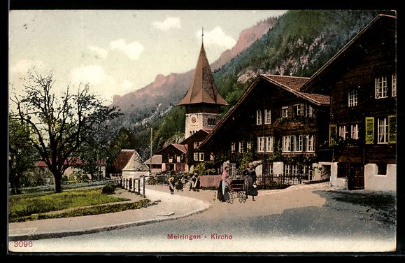 Cartoline postali: AK Meiringen, Kirche mit Strassenpartie – Usato da Berlin venduto da bartko-reher