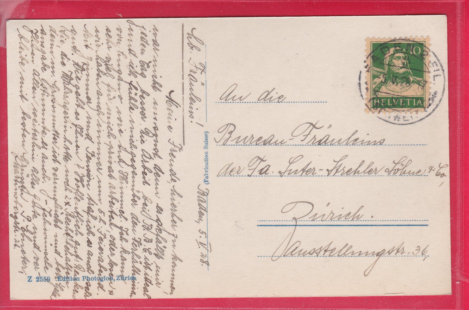 Cartoline postali: BADEN MIT LANDVOGTEISCHLOSS, 5.5.1928 – Usato da Oberrieden venduto da Gebirgsstelze 1
