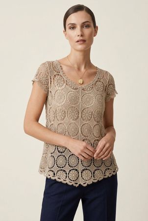 Vintage Haut Crochet Beige Rosaces Manches Courtes T. S