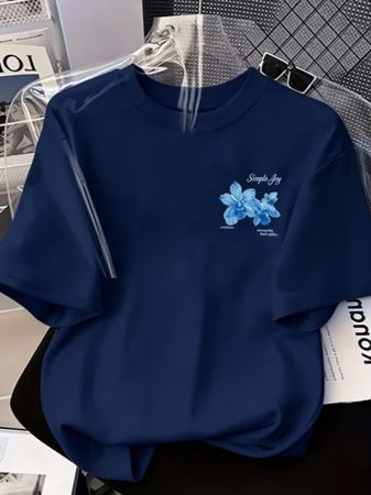 T-shirt bleu marine imprimé fleurs roses -