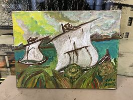 Peinture à l'huile originale : Voiliers d'été, signé!
