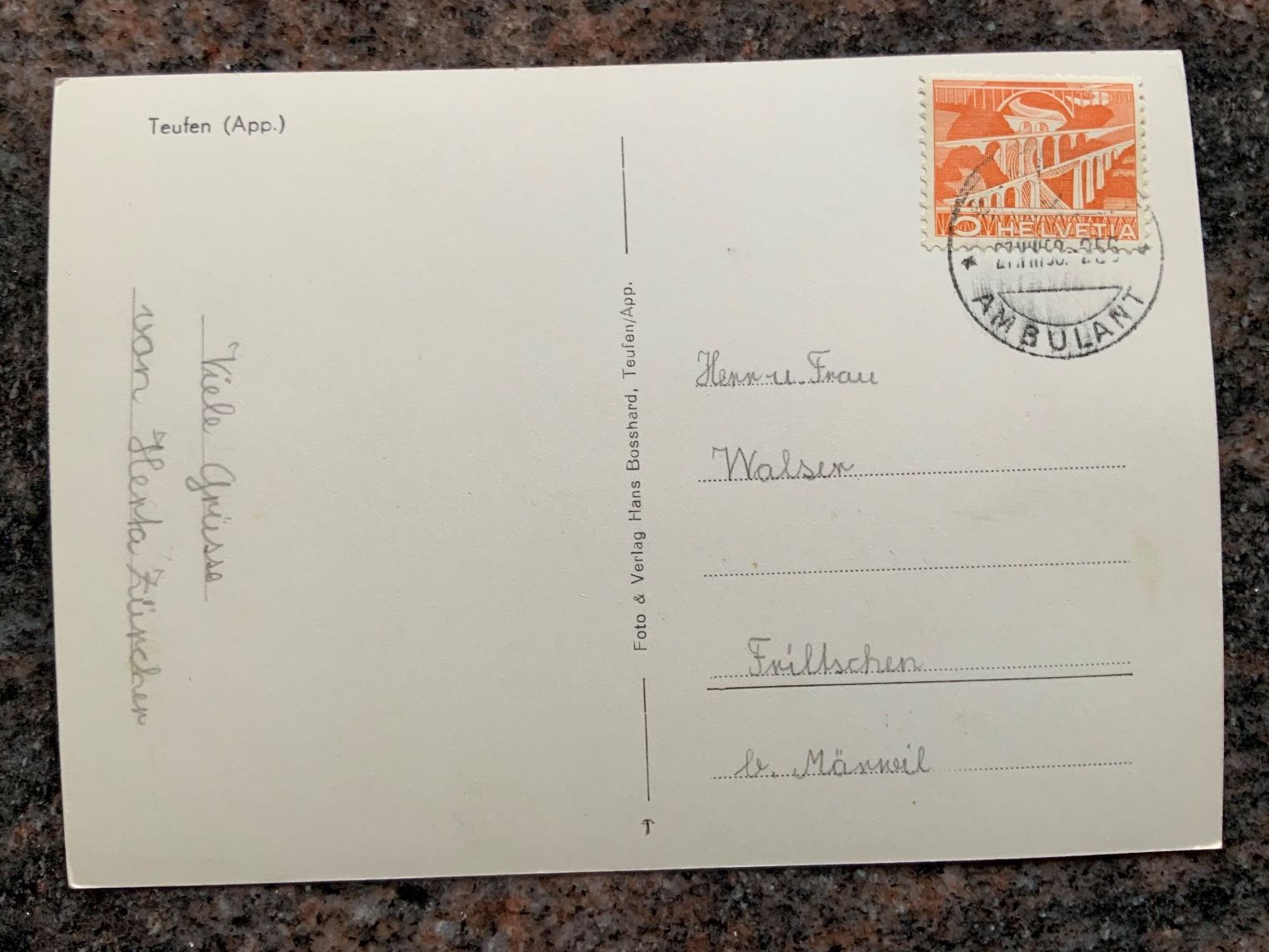 Cartoline postali: Ansichtskarte, Teufen, gelaufen 1958 – Usato da Vellerat venduto da joromaur 1