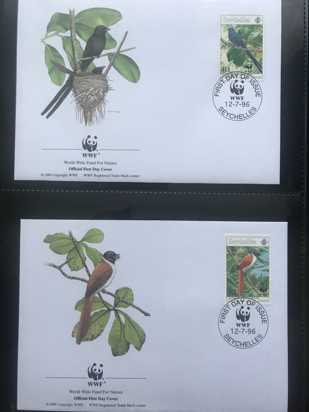 Alle Briefmarken: Seychellen 1996 Satz WWF Paradiesschnäpper Ersttagsbriefe – Neu (gemäss Beschreibung) aus Winterthur von schnueps