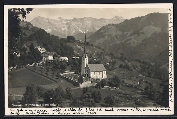 Cartoline postali: AK Seewis, Kirche mit Scesaplana, 1926 – Usato da Berlin venduto da bartko-reher