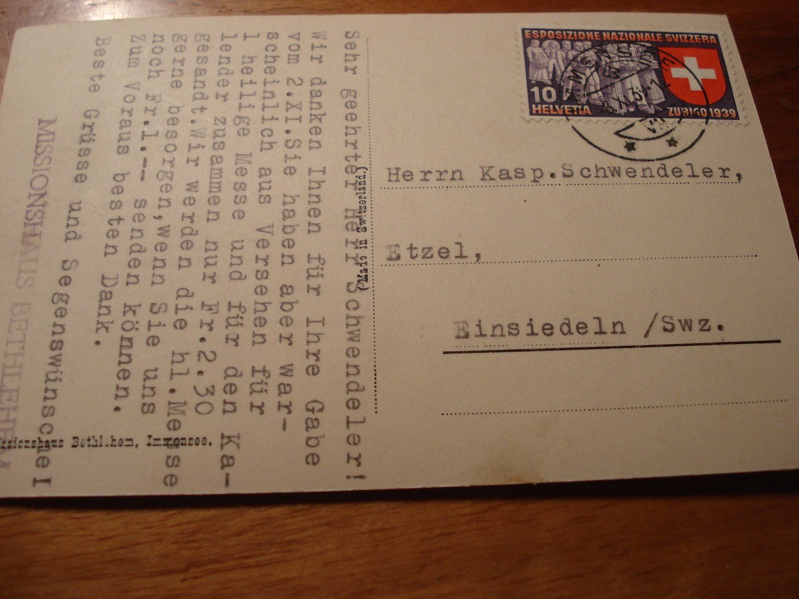 Cartoline postali: Missionshaus Zugersee + Rossberg, 1939, o Immensee – Usato da Niederwil AG venduto da morostahu 1