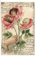 Hand - Rosen-Strauss mit Kinder-Köpfen - Präge-Litho - 1915
