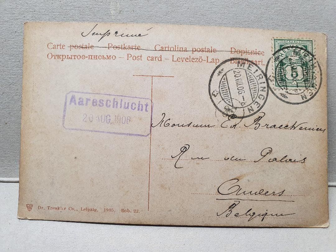 Ansichtskarten: MEIRINGEN  -  Aareschlucht  -  1906 – Gebraucht aus Delémont von Domdom1 1