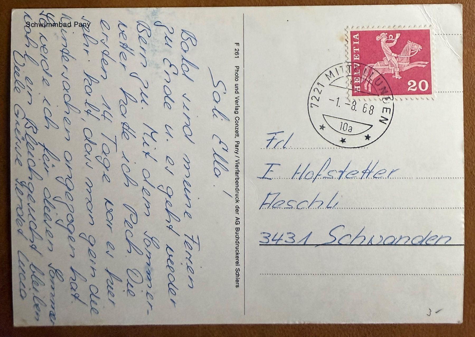 Cartoline postali: Pany - Schwimmbad 1968 – Usato da Lutry venduto da Ediego 1