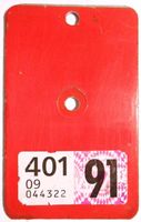 Velonummer Velovignette Zug ZG 1991 (Code 09 = ZG).