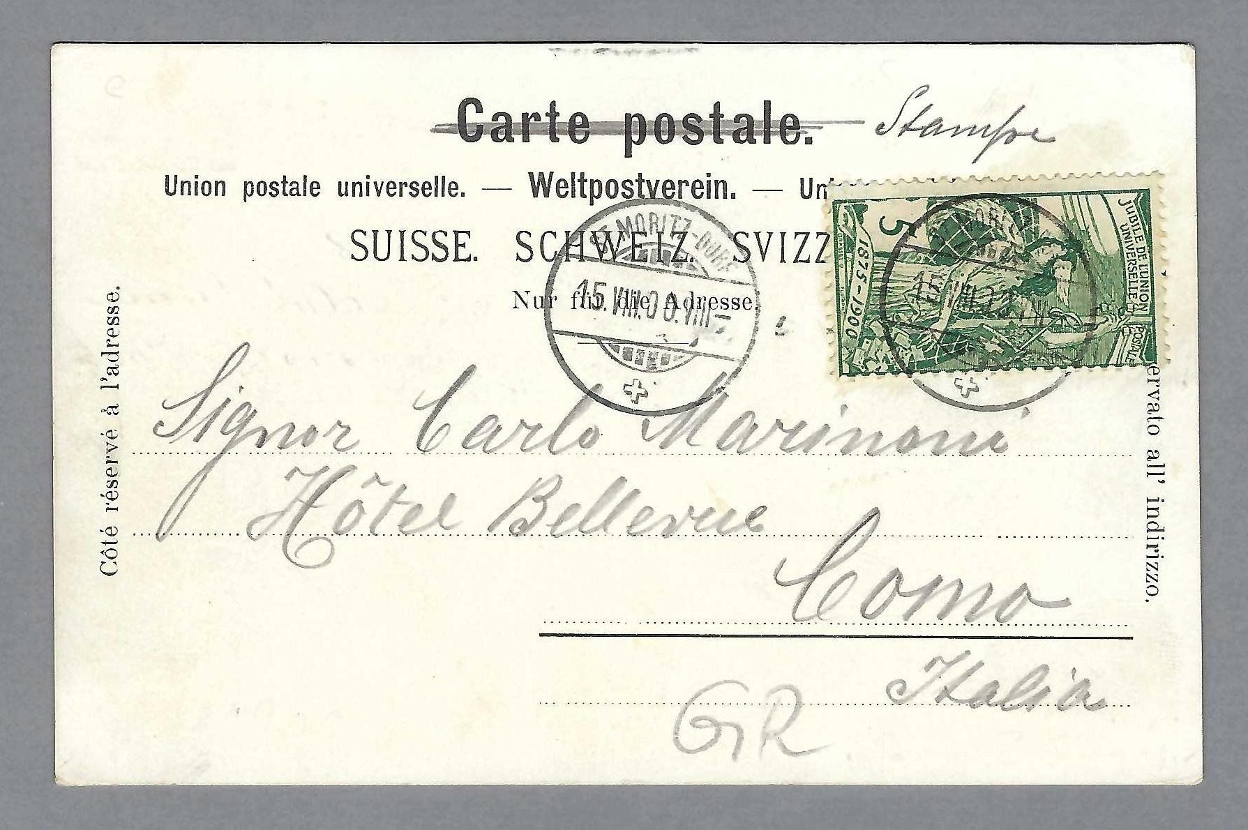 Cartoline postali: 1900 SILSERSEE, RÜCKS. UPU FRANKATUR – Usato da Pura venduto da ulisse1957 1