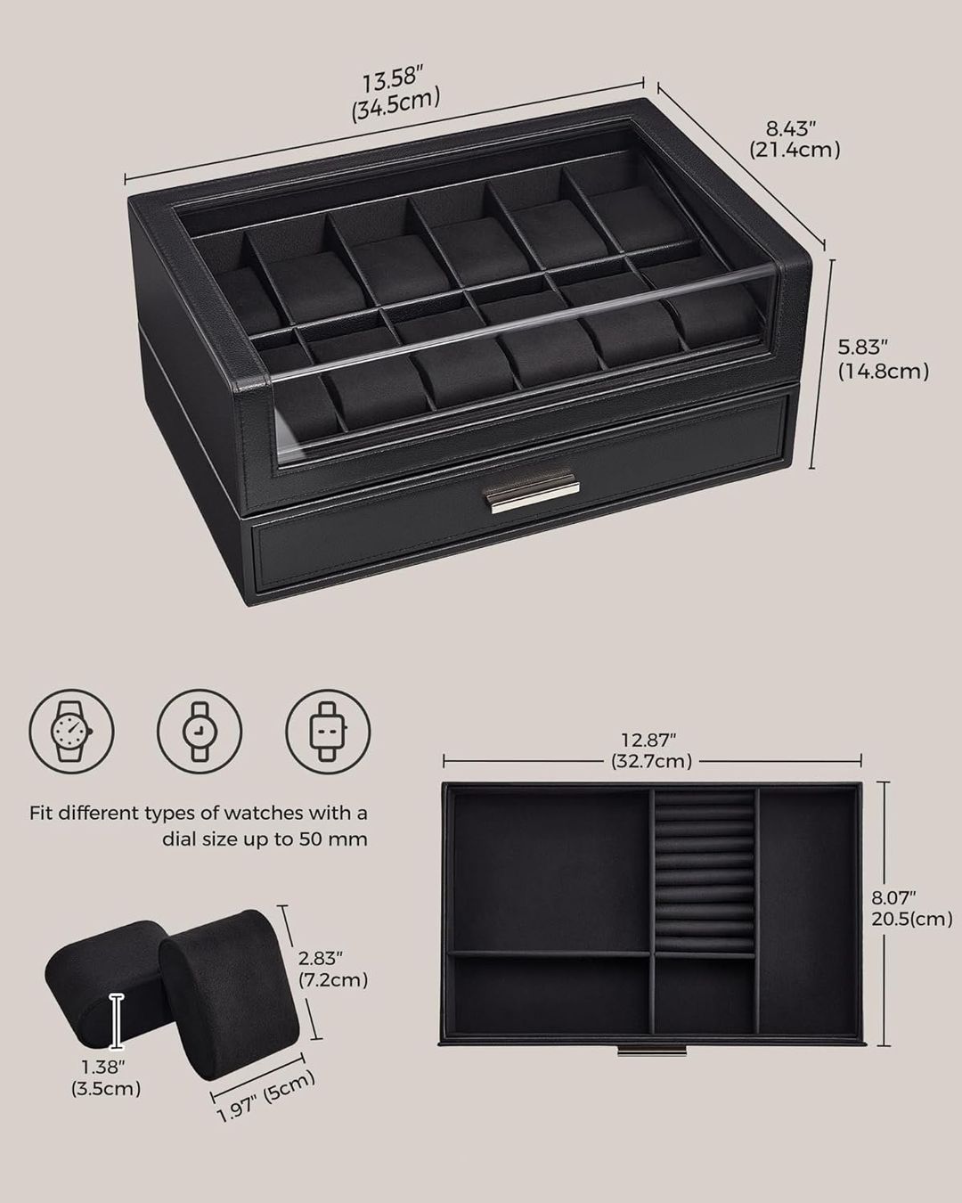 Scatole porta orologi: Uhrenbox 12 Fächer mit Schublade Glasdeckel schwarz – Nuovo e nell'imballaggio originale da Wittenbach venduto da SELVARO 1