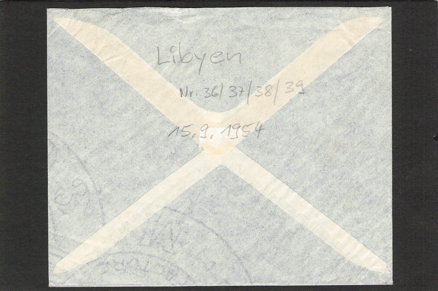 Alle Briefmarken: Flugbrief: Libyen - Bühler AR , 15.9.1954, Mi - Nr.36-39 – Gebraucht aus Reichenburg von Pipo-67 1