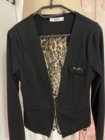 Chic Black Blazer with Leopard Print Detail - Size M
