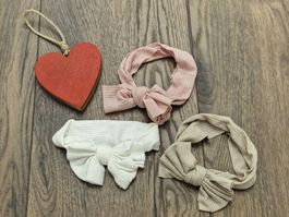 3er Set Baby Stirnbänder mit Schleife beige/rosa/weiss