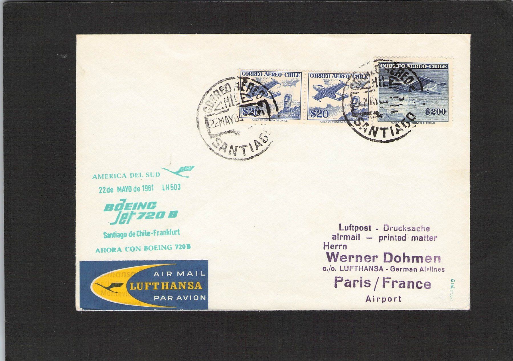 Alle Briefmarken: Flugbrief Lufthansa , Chile - Frankfurt , 22.5.1961 – Gebraucht aus Reichenburg von Pipo-67