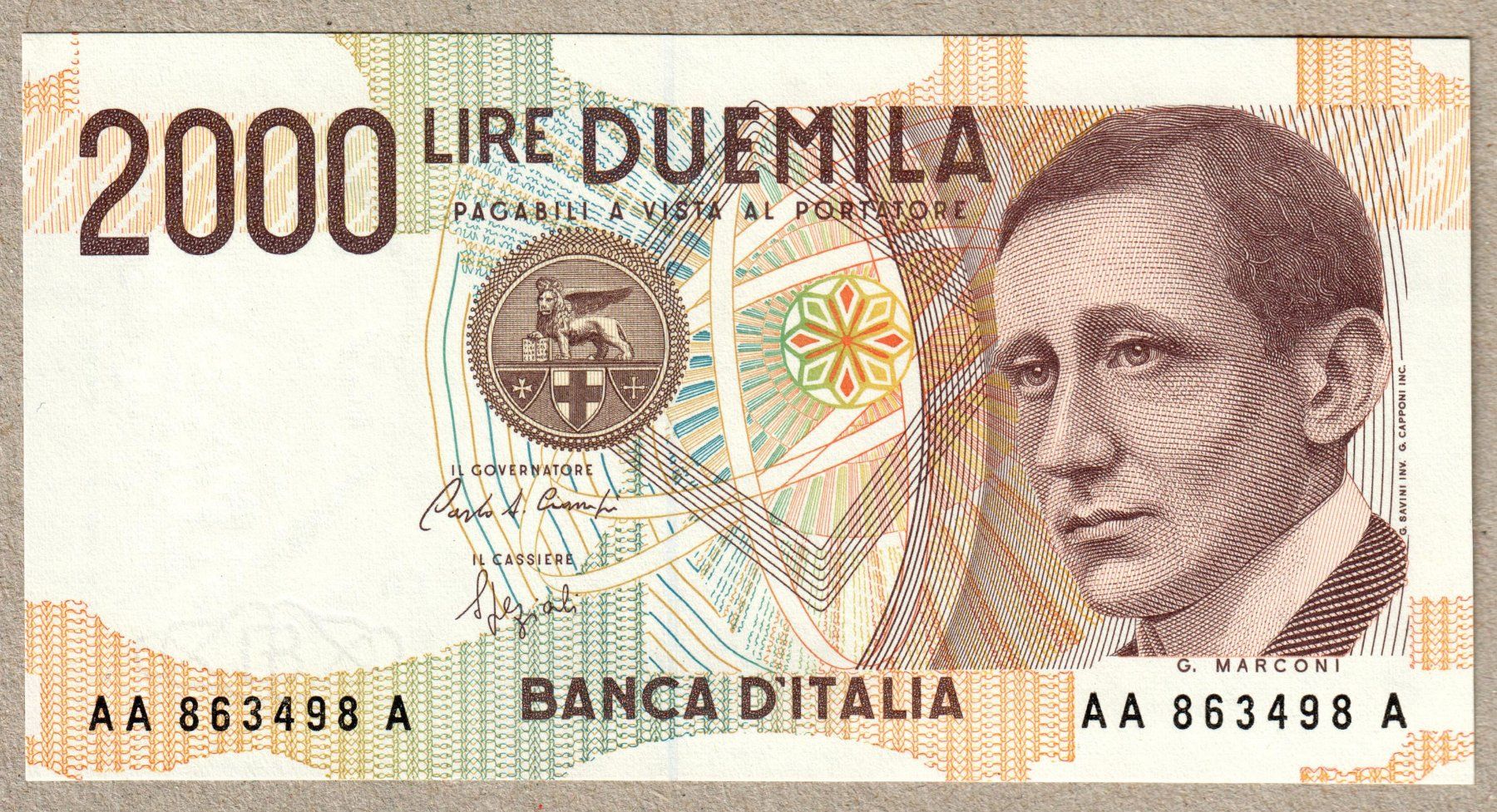Banconote: Italien, 2000 Lire Marconi 24.10. 1990 AA-A – Usato da Chiasso venduto da Novamarketing