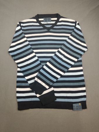 CREEKS | pull rayé bleu noir blanc col V | S homme