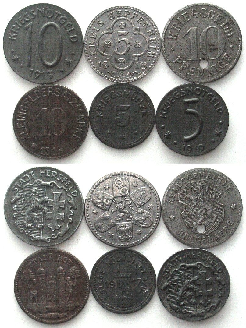 Tutti le monete: DEUTSCHE NOTMÜNZEN. 6 Münzen, Orte H – Usato da Riehen venduto da sesambestcoins2004