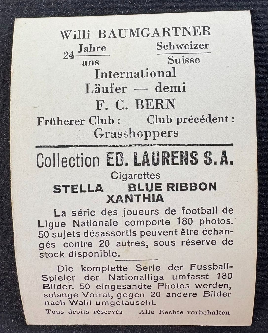 Carte collezionabili: FUSSBALL F.C.BERN WILI BAUMGARTNER – Usato da Ostermundigen venduto da wini63 1