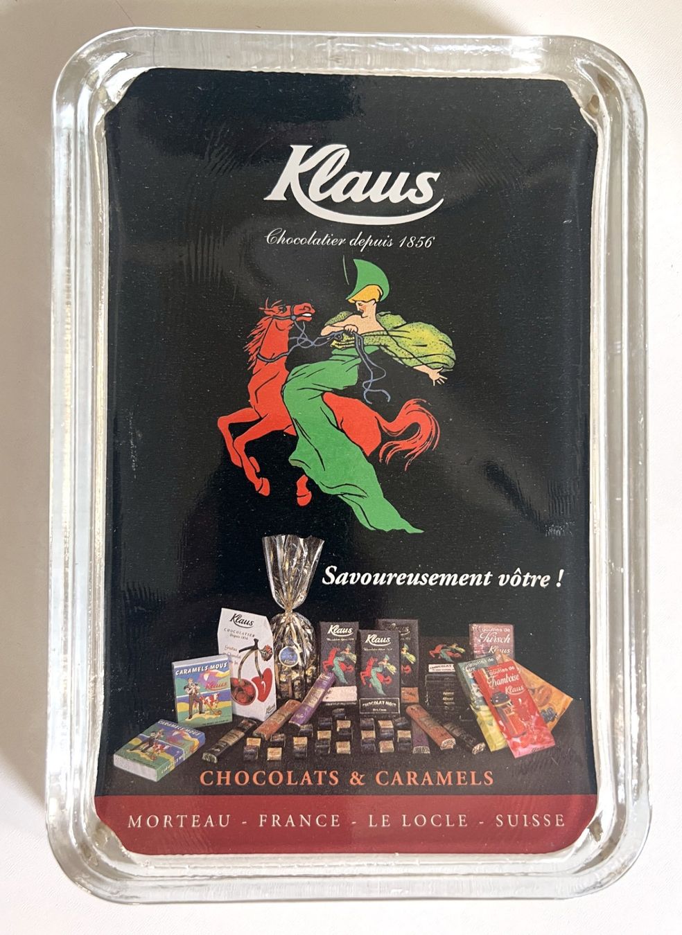 Piatti: alter rarer Zahlteller "Chocolat Klaus" Glas mit Sortiment – Usato da Rothrist venduto da Brandystar