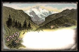 Lithographie Interlaken, Gebäude in den Bergen, Panorama