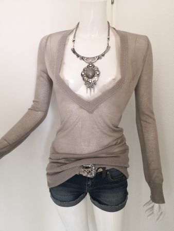 🤩POIS STRICK-PULLOVER BEIGE 100% SEIDE MIT CHIFFON-BORD