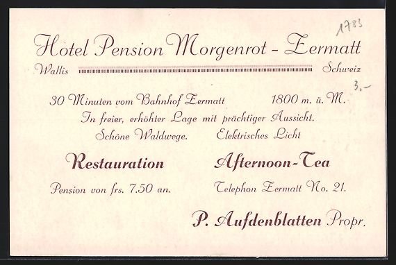 Cartoline postali: Zermatt, Hotel Pension Morgenrot mit Tei – Usato da Berlin venduto da bartko-reher 1