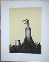 Lithographie von Rolf Egger. Natur, Blume, Flasche. 36/70