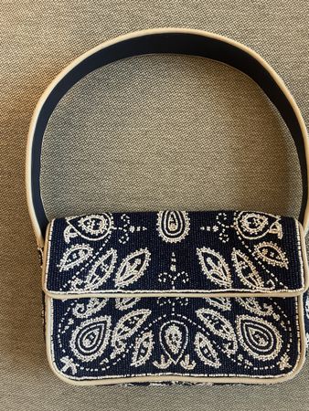 Staud Tommy Bag, Beaded Handbag, Navy/Cream