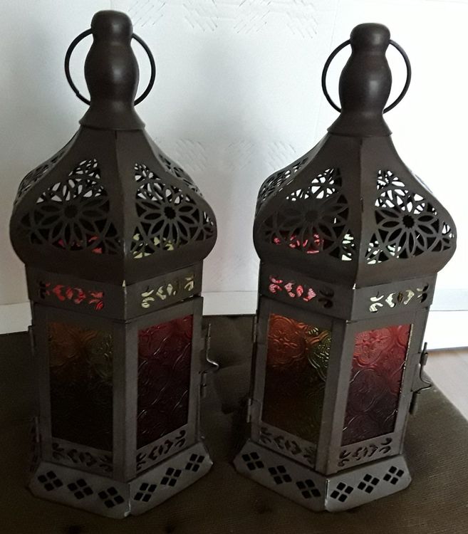 Ensemble de deux lanternes en verre cuivré antique, style